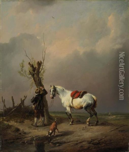 A White Horse, Dog And Rider At Rest Oil Painting - Eugene Joseph Verboeckhoven