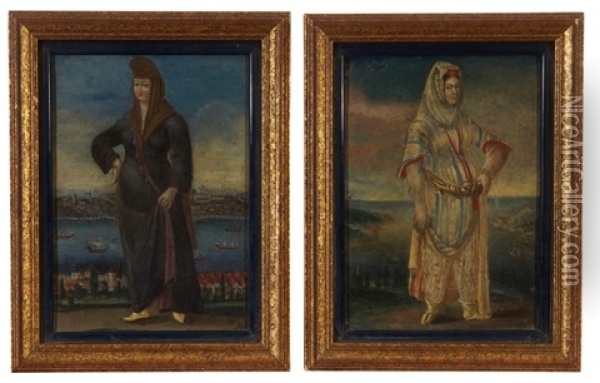 Femme Turque Devant Constantinople, Femme Orientale Devant La Baie (2 Works) Oil Painting - Jean-Baptiste Vanmour