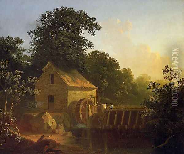 Landscape with Waterwheel and Boy Fishing Oil Painting - George Caleb Bingham