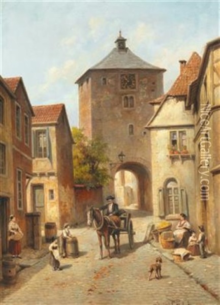 Villagers Near A City Gate Oil Painting - Jacques Francois Carabain
