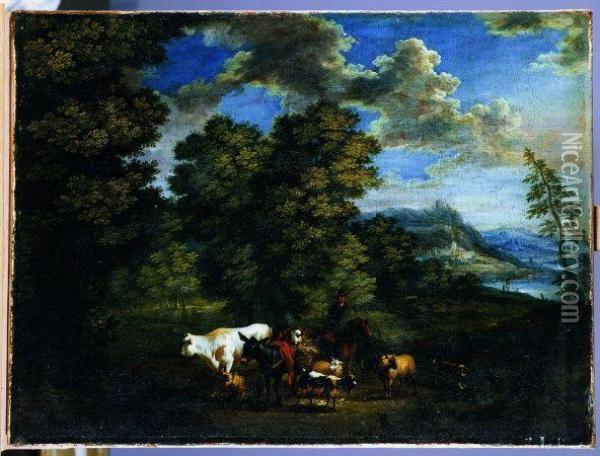 An Extensive Wooded River Landscape With A Driver And His Herd Inthe Foreground Oil Painting - Jean-Baptiste Huet I