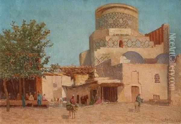 Middle Eastern Villagescene With Figures Oil Painting - Oskar Jahnke