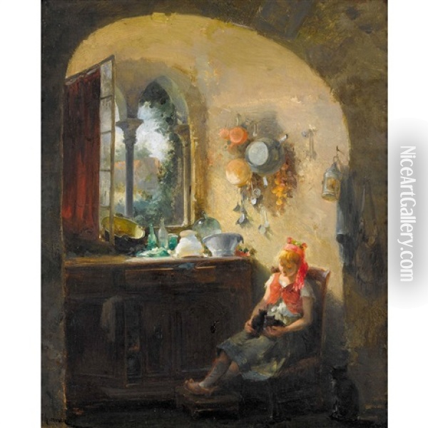 Madchen Mit Zwei Katzchen Am Offenen Fenster Oil Painting - Gabriel Edouard Thurner