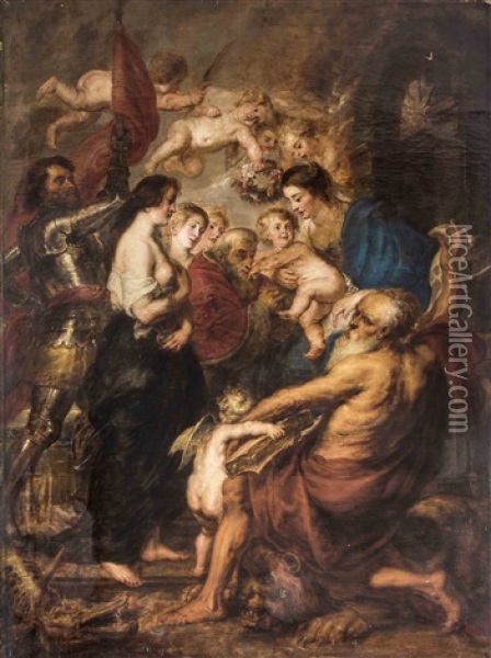 Die Geburt Maria De Medicis (in Anlehnung An Den Bekannten Medici-zyklus Von Peter Paul Rubens) Oil Painting - Louis Farasyn