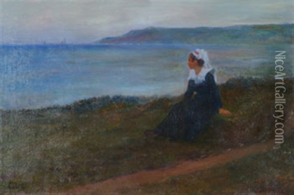 Bretonne Devant La Mer Oil Painting - Eugene Labitte