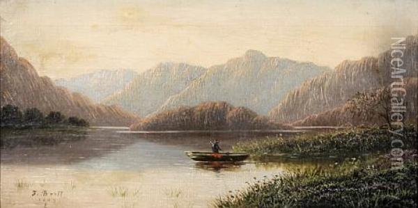 Einsamer Fischer Im Boot Auf Einem Nordischen See In Gebirgslandschaft Oil Painting - Ferdinand Brutt