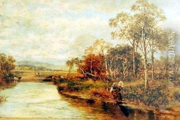 Figures Near A River Oil Painting - Carl Brennir