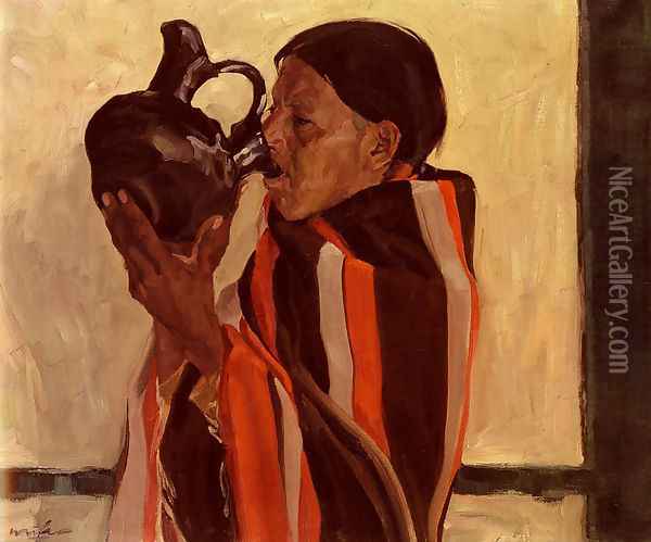 Taos Indian Drinking Oil Painting - Walter Ufer
