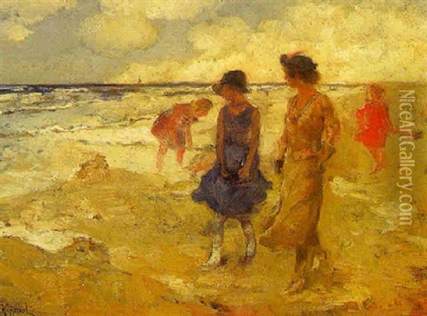 Women Walking On The Beach, Scheveningen Oil Painting - Cornelis Koppenol