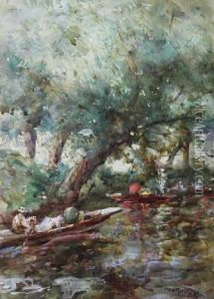 Punts On A Quiet Backwater Oil Painting - Thomas William Morley