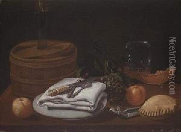 Grapes, Oranges, A Slice Of Melon, A Glassvase And A Wine Flask On A Laid Table Top Oil Painting - Juan Van Der Hamen Y Leon