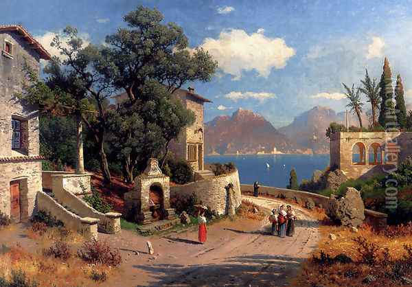 An Italian Village By A Lake Oil Painting - Carl Gustav Rodde