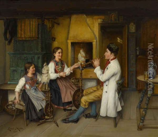 Der Flotenspieler Oil Painting - Ernst Immanuel Mueller