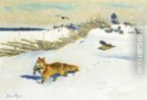 Fox, Pheasant, Crow Oil Painting - Bruno Andreas Liljefors