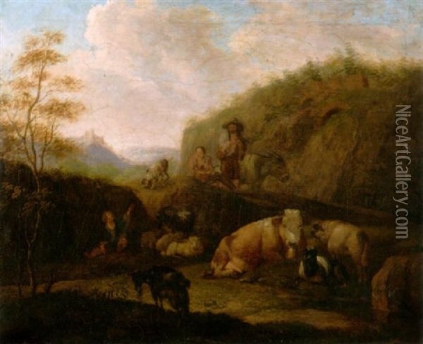 Landschaft Mit Bauern Und Tieren Oil Painting - Johann Heinrich Roos