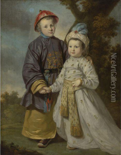 Portrait Of Two Children In Eastern Costumes Oil Painting - Tilly Kettle