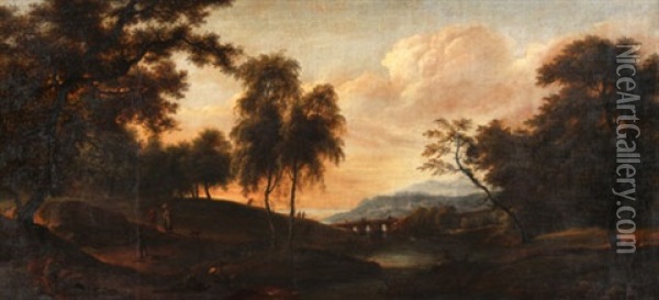 Abendliche Landschaft Mit Brucke Und Figurenstaffage Oil Painting - Johann Georg Schuez