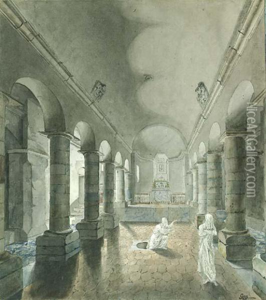 Two Ghosts Appearing From A Tomb In The Crypt Of A Romanesquechurch Oil Painting - Jean-Joseph-Pascal Gay