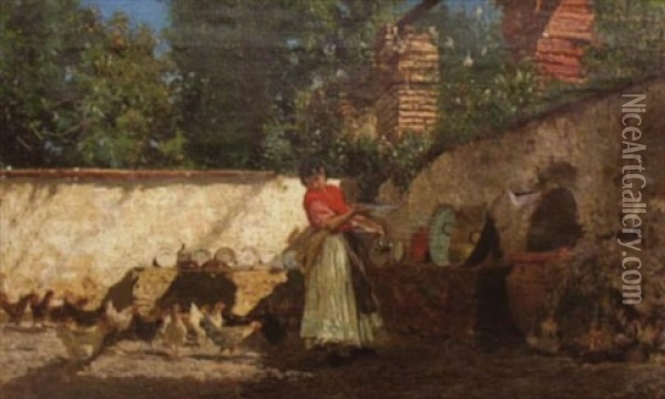 Italian Woman In A Yard Feeding Chickens Oil Painting - Pio Joris