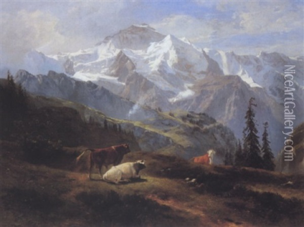 Vaches A L'alpage Oil Painting - Albert De Meuron