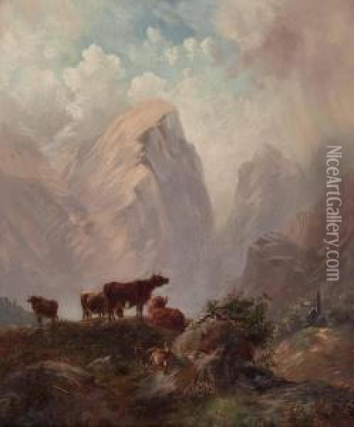 Kuhe Und Ziegen Auf Der Hochalm Oil Painting - Julius Maurer