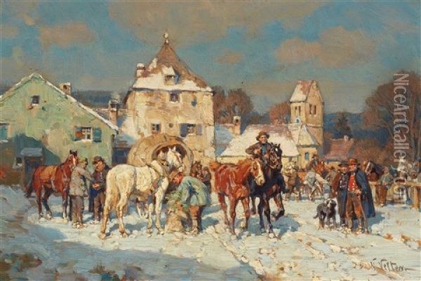 The Marketplace The Riders' Departure Oil Painting - Wilhelm Velten