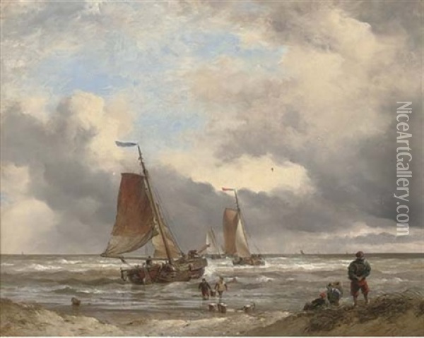 Landing The Catch At Scheveningen Oil Painting - Edward William Cooke