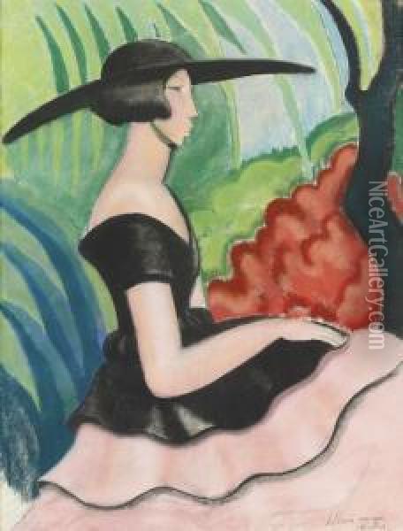 Elegante Frau Im Garten. Oil Painting - Andre Julien Prina
