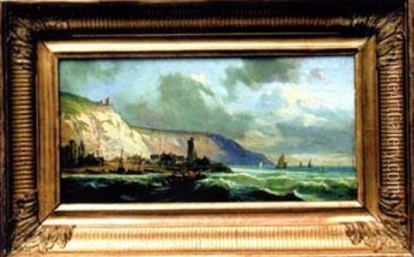 Barque De Peche Par Gros Temps Pres D'une Cote Rocheuse Et D'un Phare Oil Painting - Charles Euphrasie Kuwasseg
