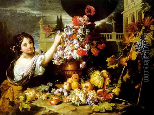 A Young Woman Arranging Flower In An Urn, With Fruit On A Ledge With A Villa Beyond Oil Painting - Abraham Brueghel