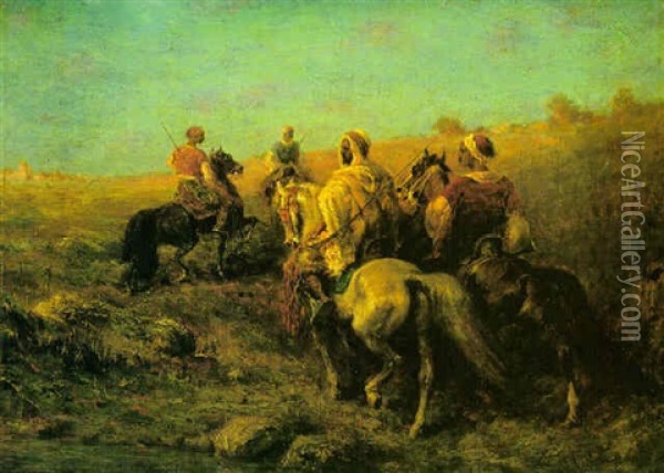 Arabian Horsemen Near A Watering Place Oil Painting - Adolf Schreyer