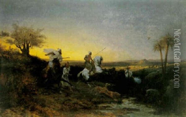 Wild Boar Hunt On The Plains Of Oudja, Morocco Oil Painting - Alfred Couverchel