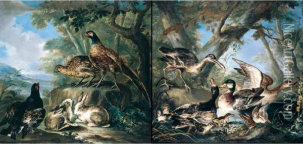 A Wooded Landscape With Ducks 
And A Curlew In A Pond; A Wooded Landscape With Pheasants And Rabbits Oil Painting - Angelo Maria Crivelli, Il Crivellone