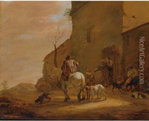 A Landscape With Horsemen 
Leaving An Inn, Together With Their Dogs, A Man Feeding Other Dogs To 
The Right Oil Painting - Pieter Van Laer (BAMBOCCIO)