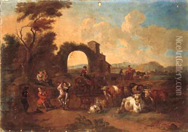 An Italianate landscape with drovers and cattle and peasants dancing Oil Painting - Anthonie Goubau