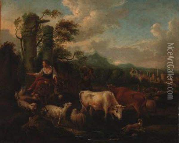 A Drover With Cattle, Sheep And A Dog Fording A Stream In Anitalianate Landscape Oil Painting - Michiel Carre