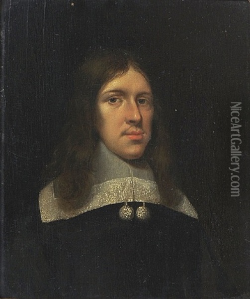 Portrait Of A Gentleman, Half Length Wearing A Dark Coat And White Lace Collar Oil Painting - Gerard ter Borch the Younger