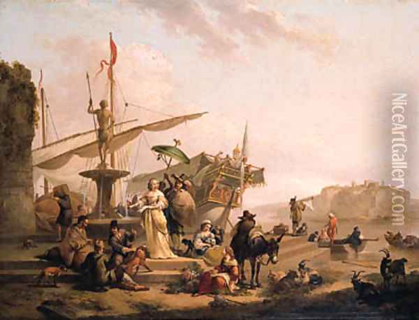 A Capriccio of a Mediterranean harbour with an elegant couple disembarking from a galley, bandits and merchants on the quay nearby Oil Painting - Nicolaes Berchem