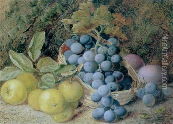 Still Life Of Grapes, Apples And Plums On A Mossy Bank Oil Painting - Vincent Clare
