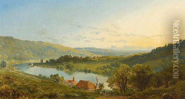 The River Wye With A Village In Thedistance Oil Painting - Edmund John Niemann, Snr.