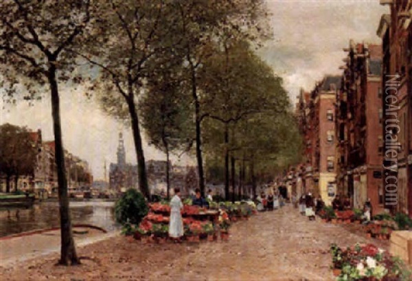 Blomstermarknad I Amsterdam Oil Painting - Heinrich Hermanns