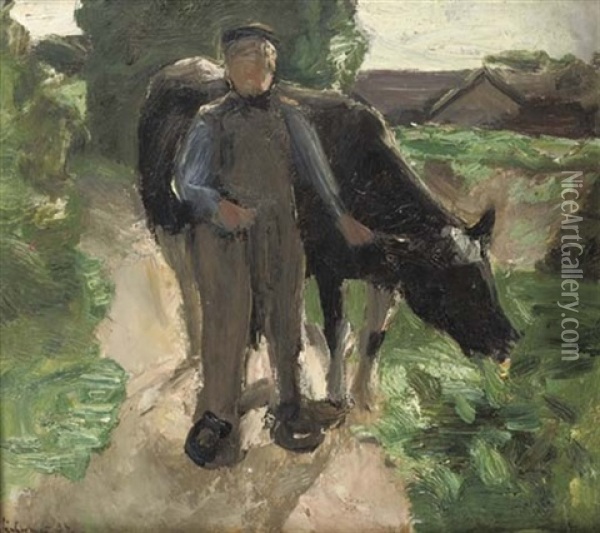 Farmer And Cow Oil Painting - Max Liebermann