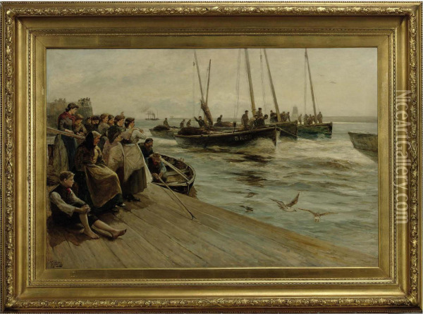 The Return Of The Fishing Fleet On The Tyne Oil Painting - Robert Jobling