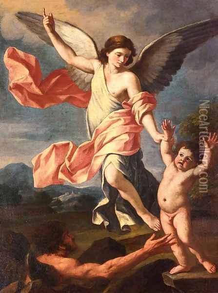An Angel and a Devil Fighting for the Soul of a Child Oil Painting - Giacinto Gimignani