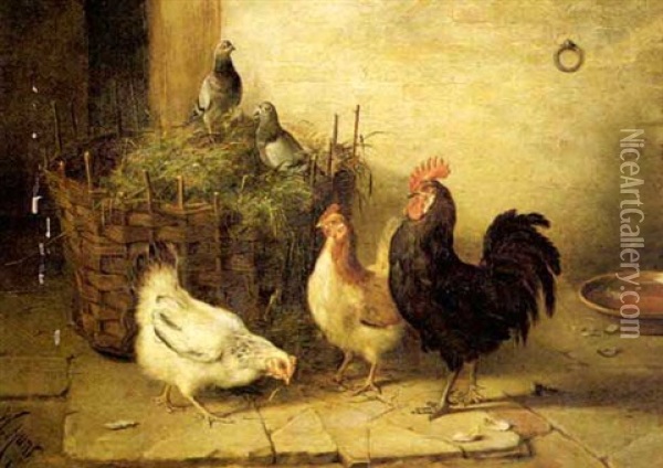 Poultry And Pigeons In An Interior Oil Painting - Walter Hunt