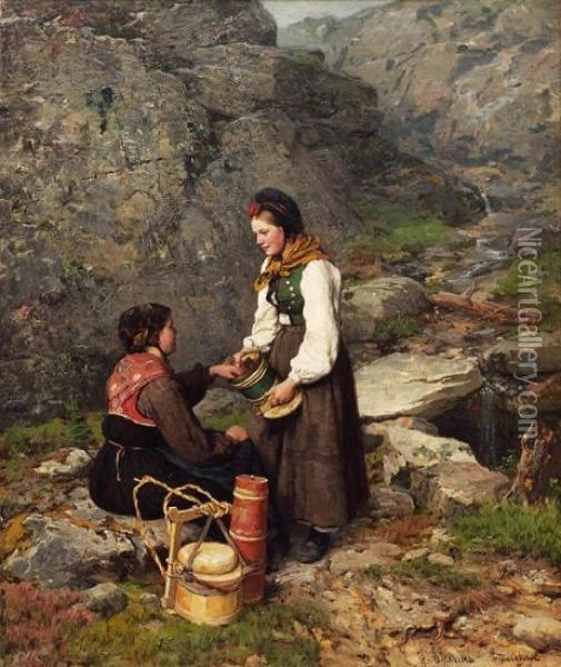 To Kvinner I Bunader Fra Flesberg I Numedal Oil Painting - Jahn Ekenaes