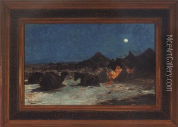 Desert Caravan Encampment By Moonlight Oil Painting - Eugene Alexis Girardet