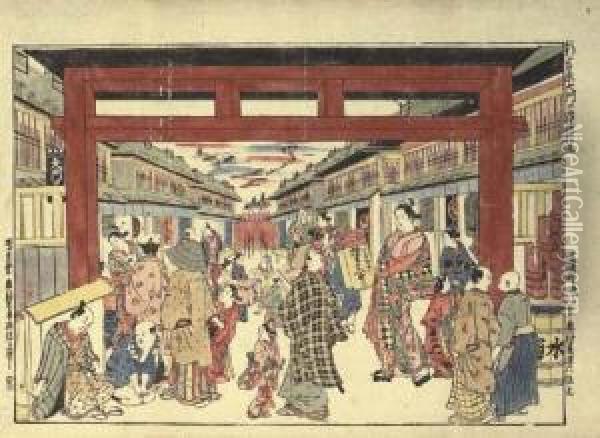 Shin Yoshiwara Daimonguchi Uki-e Kongen Oil Painting - Okumura Masanobu