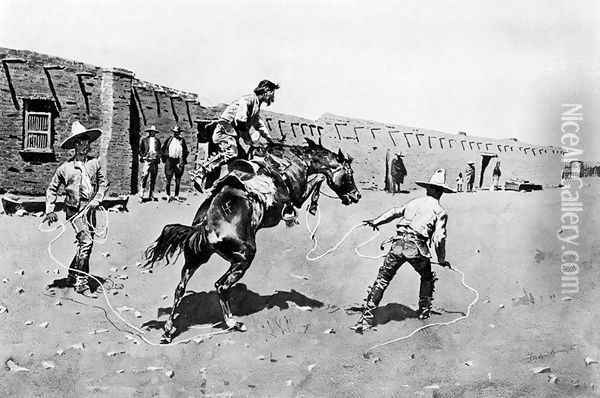 Mexican Vaqueros Breaking a 'Bonc' Oil Painting - Frederic Remington