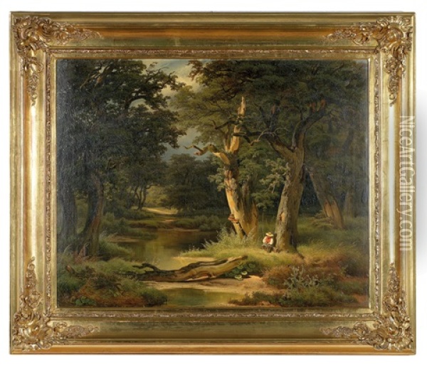 Waldlandschaft Mit Bach, An Einem Knorrigen Baum Sitzt Ein Rastender Fischer Mit Seiner Angel Oil Painting - Melchior Fritsch